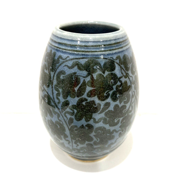 Vintage Art Pottery Mini or Bud Vase Handpainted Blue Brown Floral Glossy Signed - Picture 7 of 10